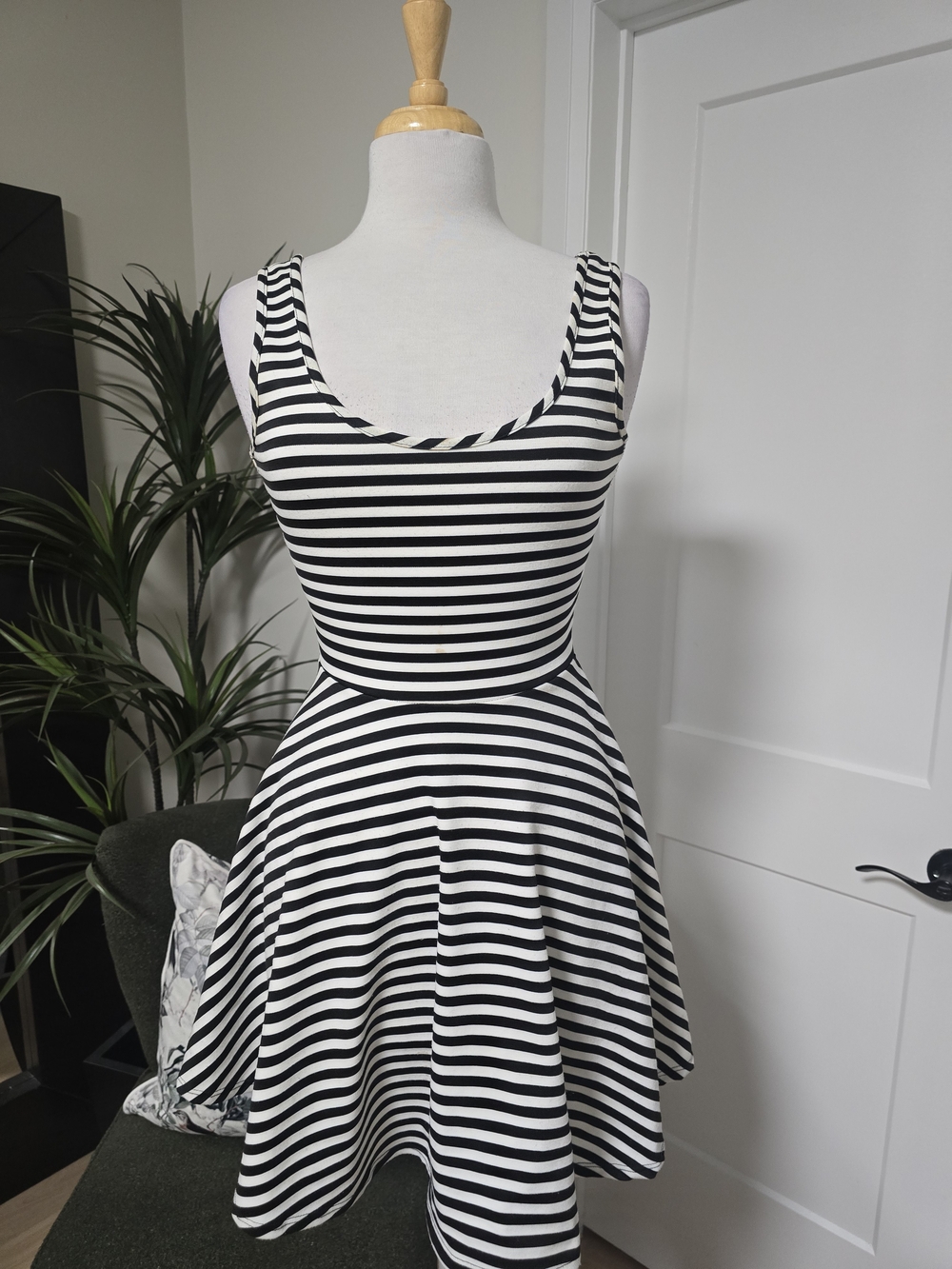 Sleeveless Black and White Striped Fit-and-Flare Dress
